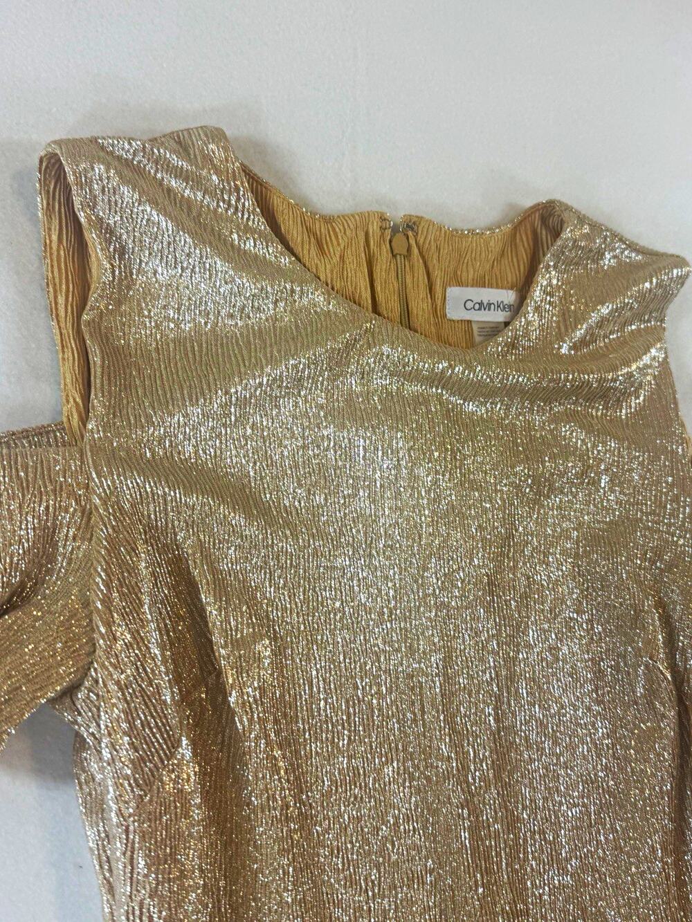 NET Calvin Klein Gold Metallic Cold Shoulder Cocktail Dress Size 6